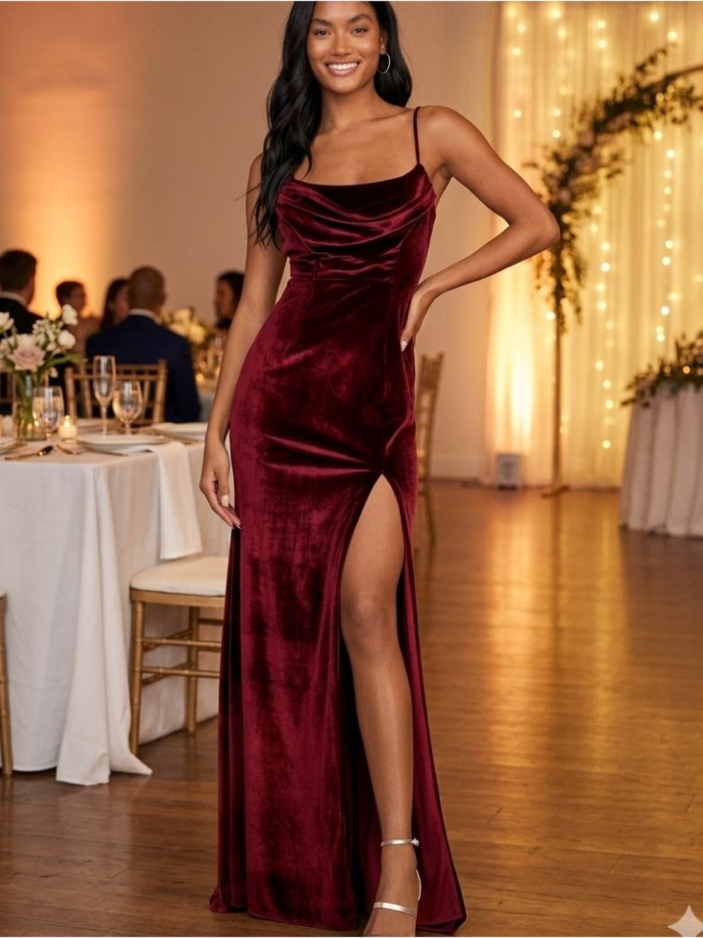 Velvet Cowl Neck Spaghetti Strap Dress in Burgundy